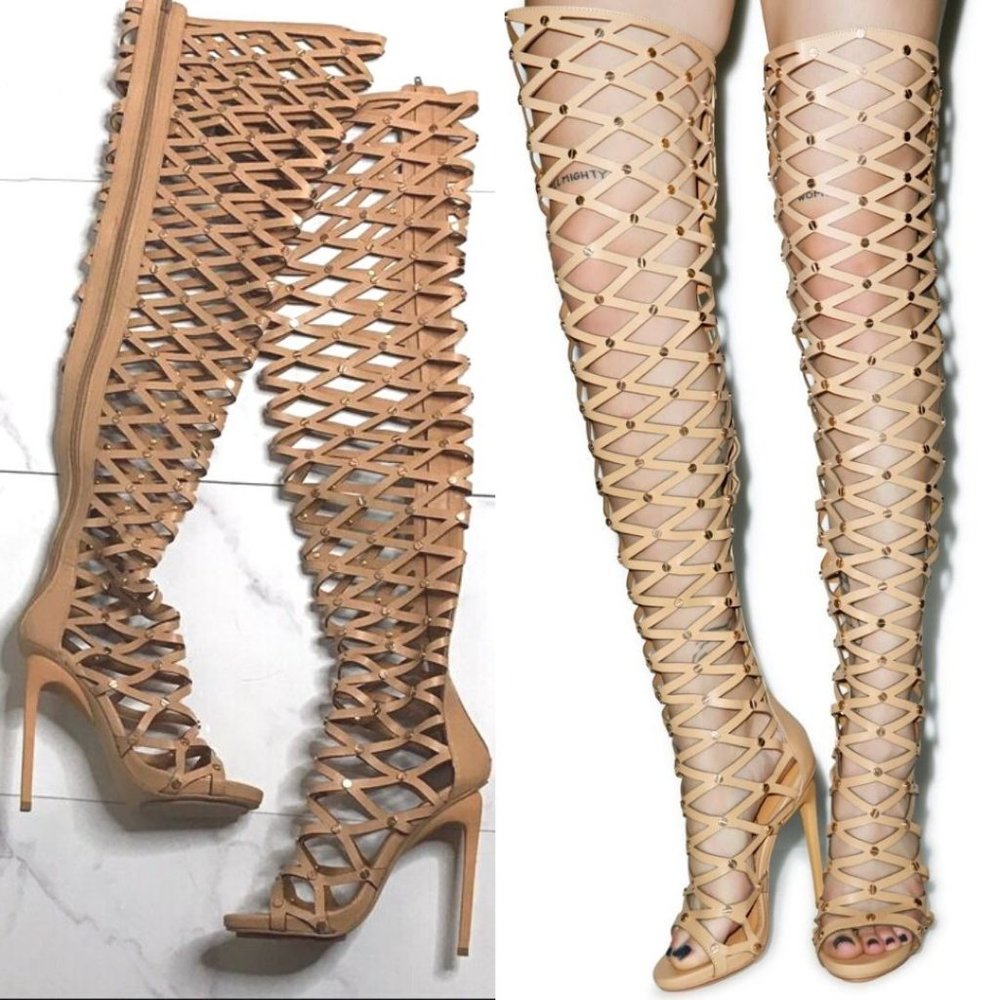 Privileged J.C. Dossier FIGHT FOR IT Beige Gladiator Thigh High Open Toe Boots 7